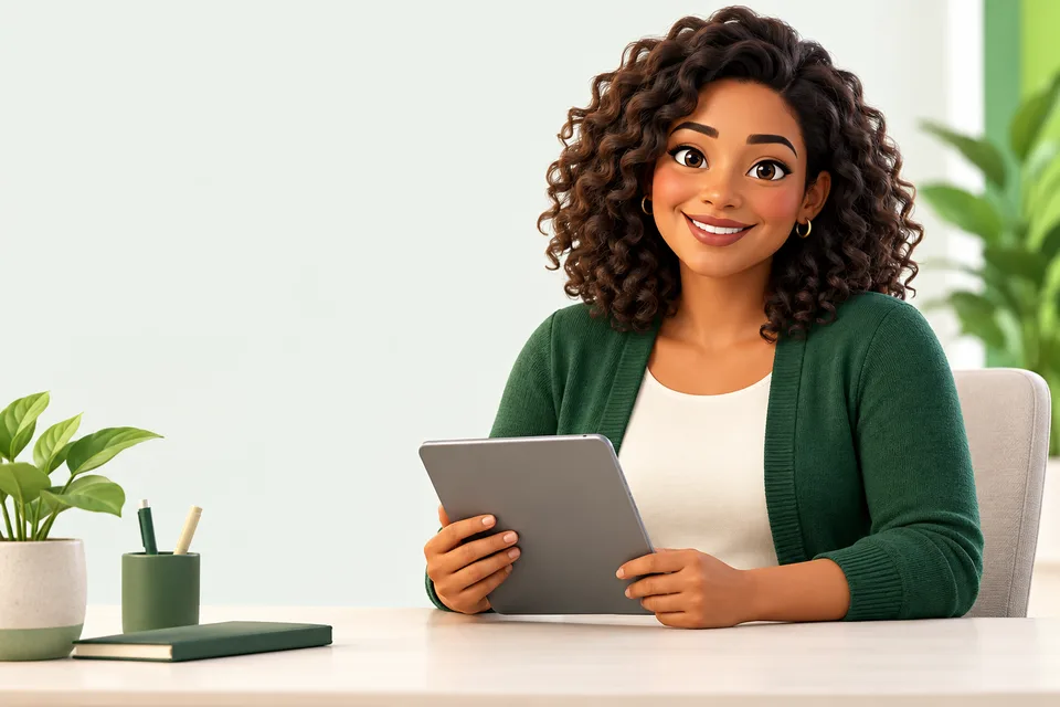 Personagem 3D ilustrativa de uma consultora com tablet
