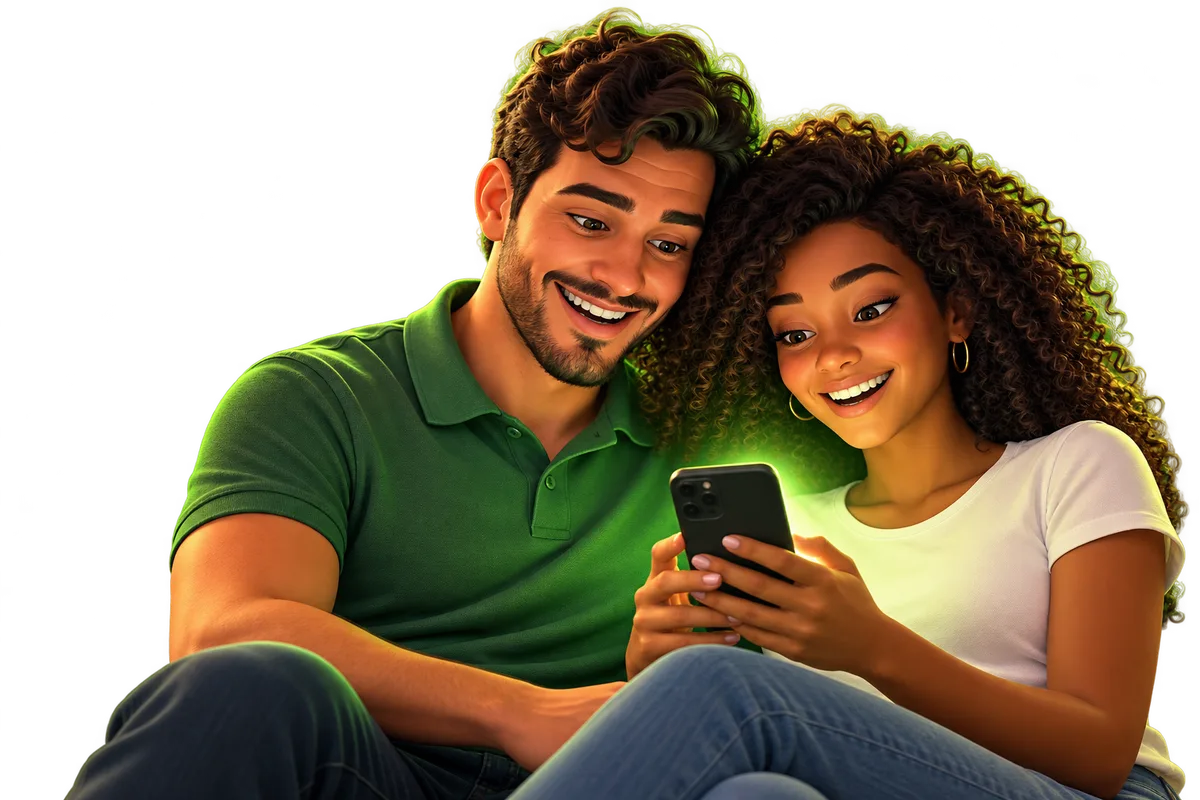 Ilustração de um casal sorrindo enquanto olha o celular