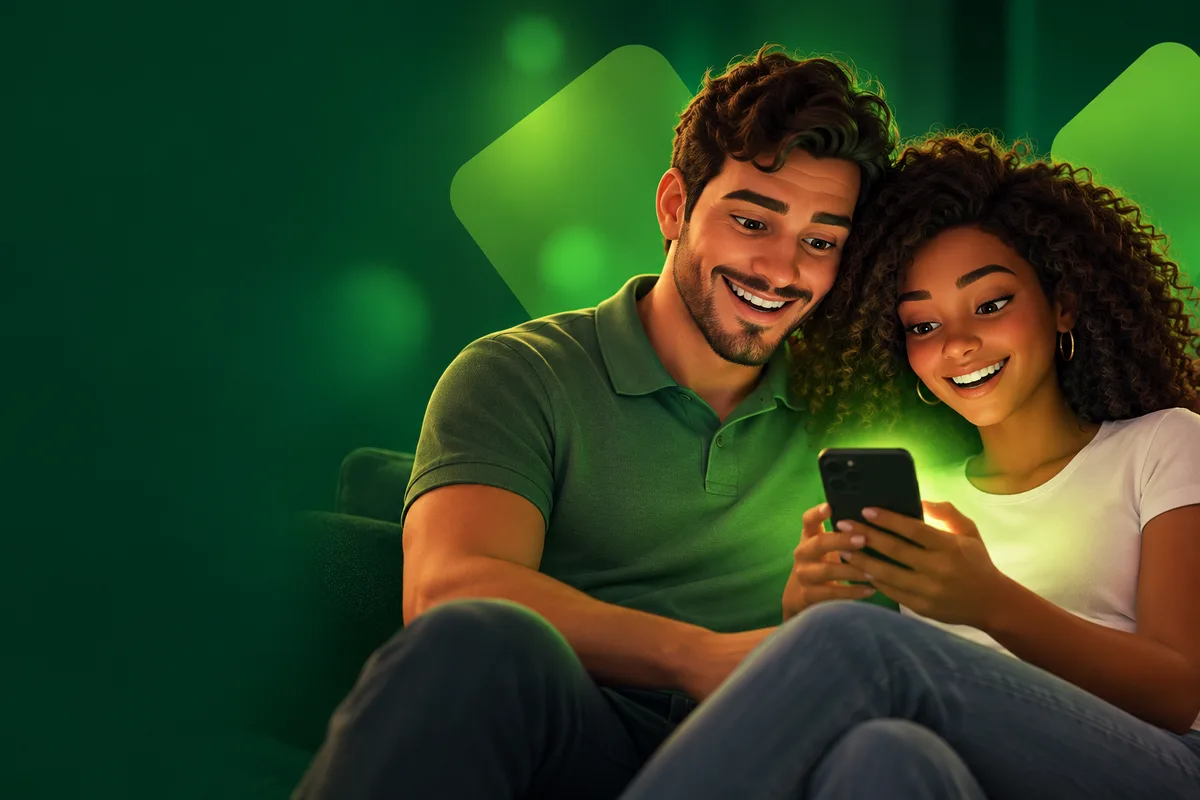 Ilustração de um casal sorrindo enquanto olha o celular