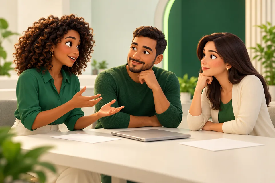 Cena 3D ilustrativa de três profissionais conversando em uma mesa